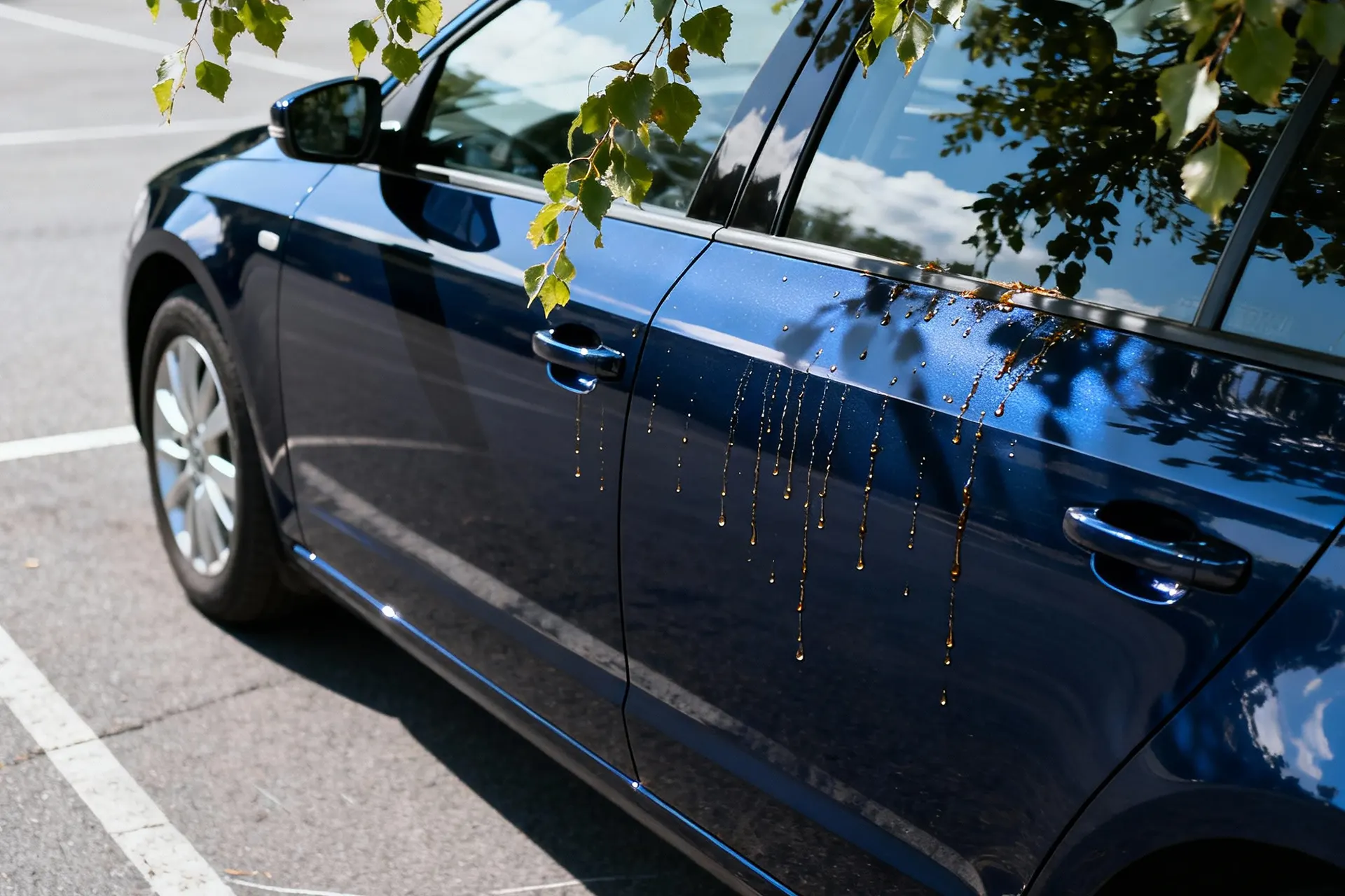 Blauer Pkw parkt auf leerem Asphaltparkplatz unter herabhängenden Zweigen; mehrere bernsteinfarbene Harztropfen laufen an der rechten vorderen Tür herab