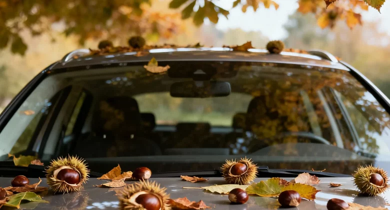 Ein moderner Wagen unter einem Kastanienbaum; Kastanien und Herbstblätter liegen auf Motorhaube und Dach.