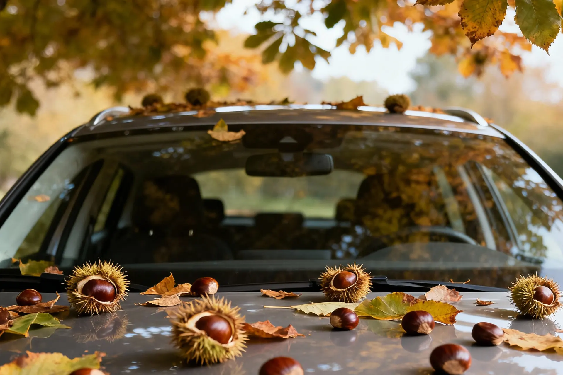 Ein moderner Wagen unter einem Kastanienbaum; Kastanien und Herbstblätter liegen auf Motorhaube und Dach.