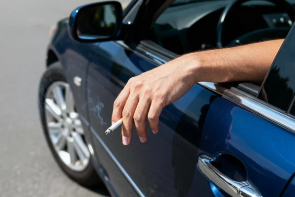 Rauchverbot im Auto: Hand hält brennende Zigarette aus geöffnetem Beifahrerfenster