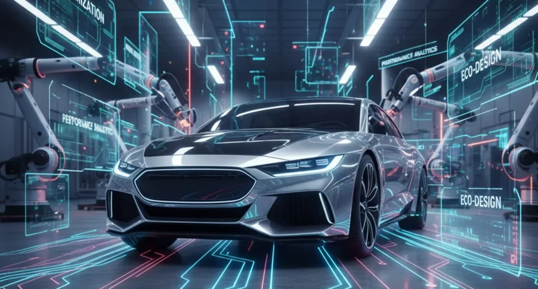 Silbernes E‑Auto in KI‑gestützter Produktionshalle mit Roboterarmen und holografischen Datenanzeigen