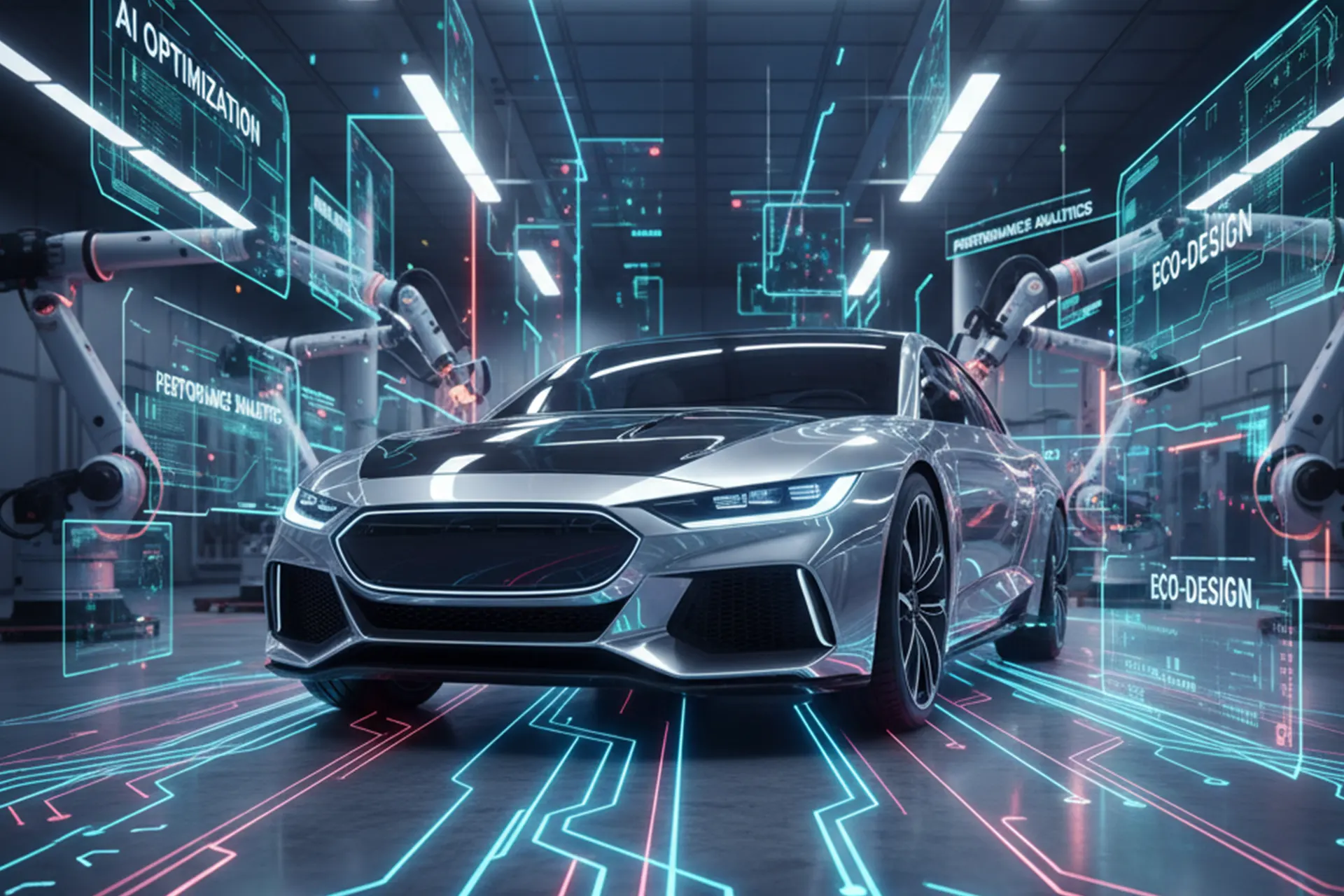 Silbernes E‑Auto in KI‑gestützter Produktionshalle mit Roboterarmen und holografischen Datenanzeigen