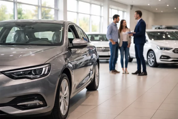 Neuwagen im Autohaus mit Käufern und Verkaufsberater zur Einordnung des Fahrzeugstatus