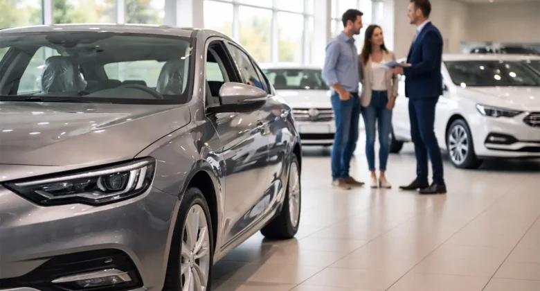 Neuwagen im Autohaus mit Käufern und Verkaufsberater zur Einordnung des Fahrzeugstatus