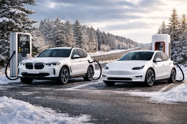 Winterliche Szene auf einer schneebedeckten Autobahn mit zwei Elektroautos an Ladestationen. Links ein weißer BMW iX3, rechts ein generisches weißes Elektroauto, beide am Laden. Die Straße ist von verschneiten Nadelbäumen gesäumt, die untergehende Sonne taucht die Szene in warmes Licht.