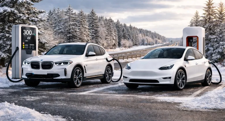 Winterliche Szene auf einer schneebedeckten Autobahn mit zwei Elektroautos an Ladestationen. Links ein weißer BMW iX3, rechts ein generisches weißes Elektroauto, beide am Laden. Die Straße ist von verschneiten Nadelbäumen gesäumt, die untergehende Sonne taucht die Szene in warmes Licht.