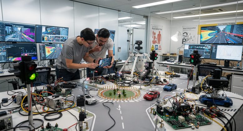 Das Bild vermittelt den Forschungs- und Entwicklungsaspekt in der Verkehrssicherheit und die Technologien, die zukünftige Lösungen schaffen.