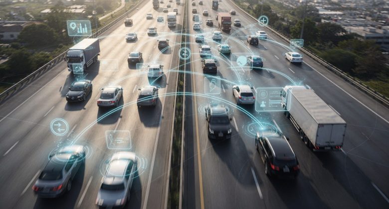 Das Bild illustriert die Vernetzung von Fahrzeugen und die Interaktion in Echtzeit, die für die Verkehrssicherheit wichtig ist.