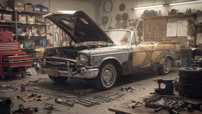Das Bild zeigt den Restaurierungsprozess eines Oldtimers und vermittelt die Atmosphäre einer Werkstatt.