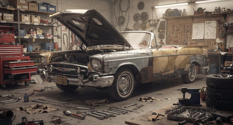 Das Bild zeigt den Restaurierungsprozess eines Oldtimers und vermittelt die Atmosphäre einer Werkstatt.