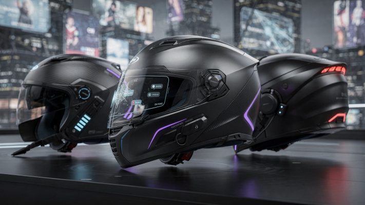 Das Bild zeigt die innovative Technologie, die in zukünftigen Motorradhelmen integriert sein könnte.