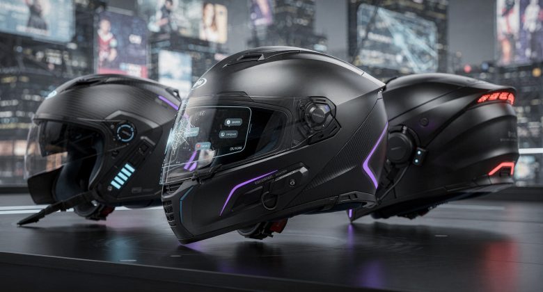 Das Bild zeigt die innovative Technologie, die in zukünftigen Motorradhelmen integriert sein könnte.