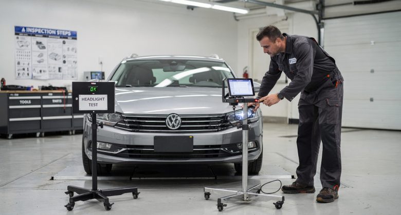 Passt zur HU/Prüfbarkeit: zeigt die reale Prüfsituation, in der Lichtverteilung und Hell-Dunkel-Grenze beurteilt werden.