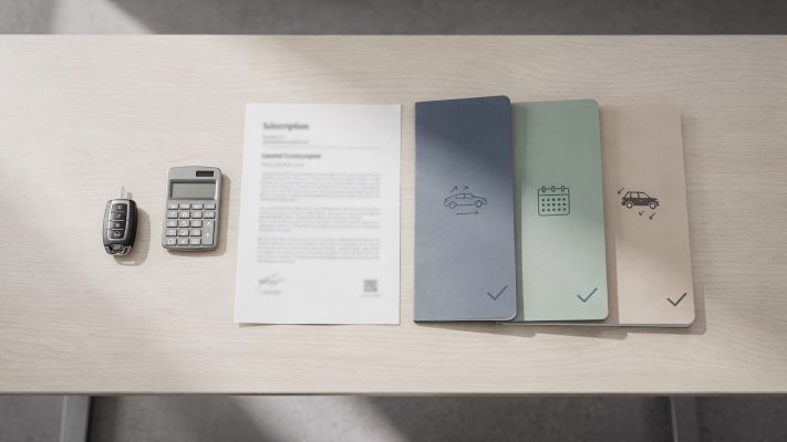 Visualisiert den Grundvergleich der drei Modelle und den rationalen Entscheidungsrahmen (Kosten/Vertrag/Schlüssel) ohne auf konkrete Marken zu gehen.