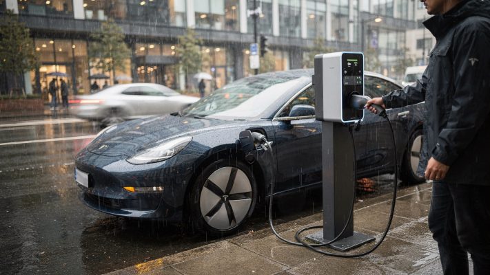 Zeigt die typische Alltagssituation, die im Artikel beschrieben wird, und vermittelt: Laden bei Regen ist normal.