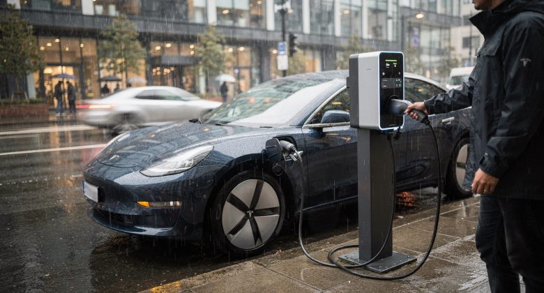 Zeigt die typische Alltagssituation, die im Artikel beschrieben wird, und vermittelt: Laden bei Regen ist normal.