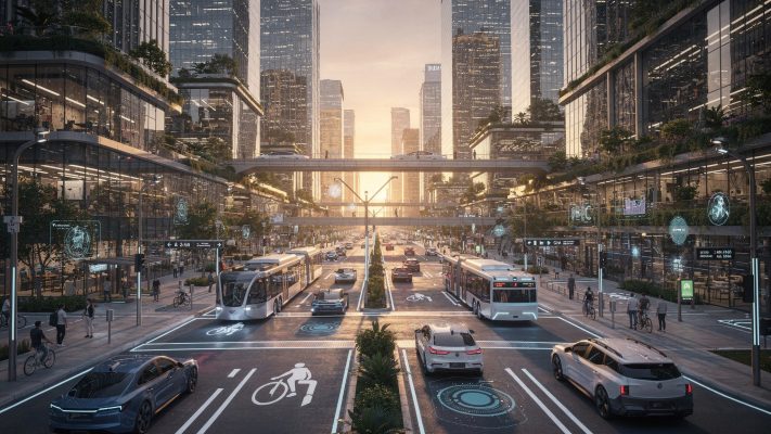 Das Bild repräsentiert die Vision einer modernen Stadt, in der autonomes Fahren eine zentrale Rolle spielt, und zeigt, wie es die urbane Mobilität revolutionieren könnte.