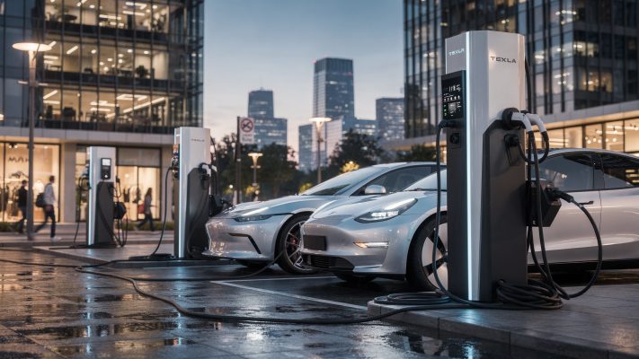 Dieses Bild visualisiert die moderne Infrastruktur des DC-Ladens und hebt die technologische Innovation hervor, die die Akzeptanz von Elektrofahrzeugen fördert. Es zeigt, wie DC-Ladestationen in städtischen Gebieten integriert sind.