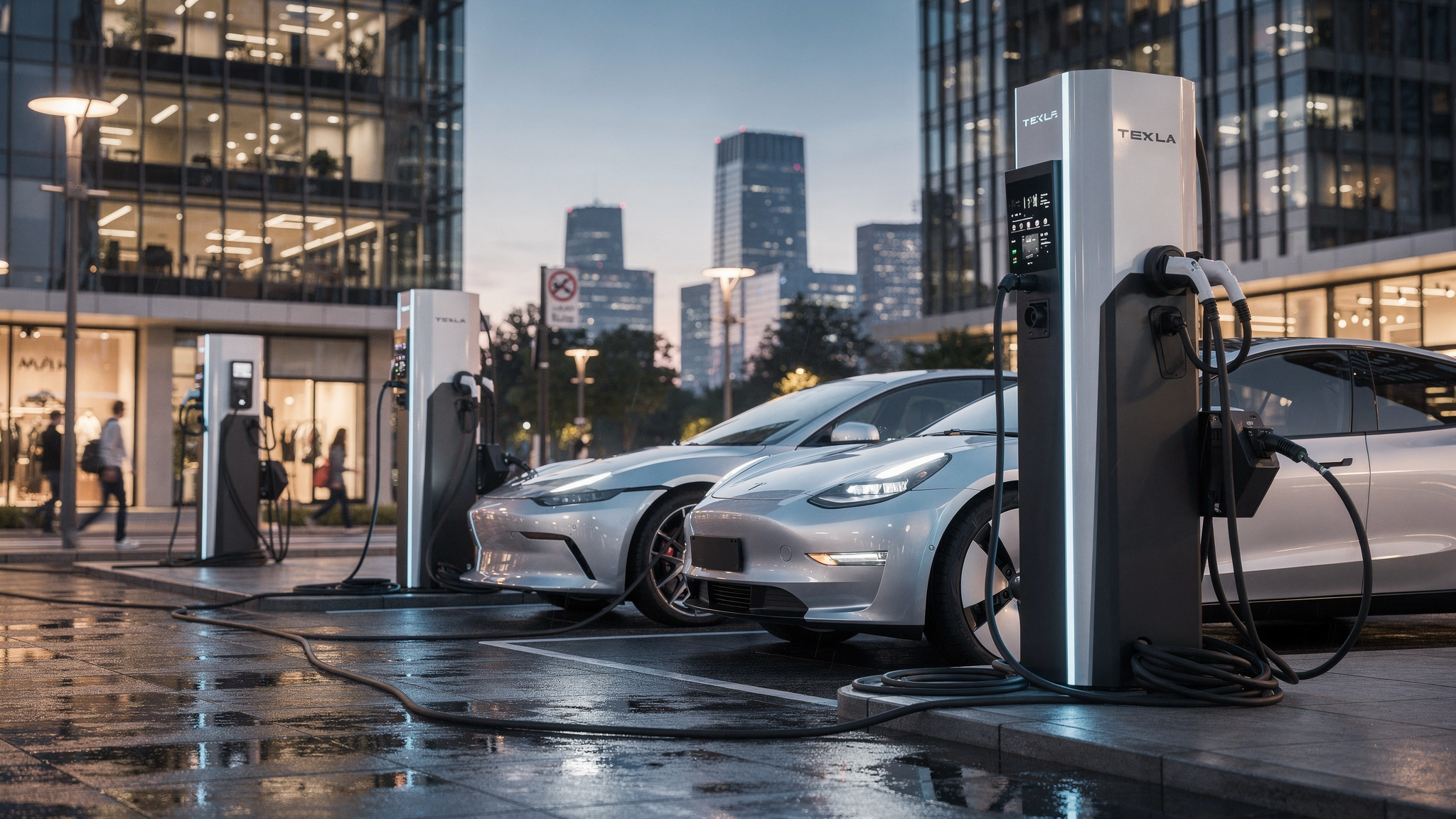 Dieses Bild visualisiert die moderne Infrastruktur des DC-Ladens und hebt die technologische Innovation hervor, die die Akzeptanz von Elektrofahrzeugen fördert. Es zeigt, wie DC-Ladestationen in städtischen Gebieten integriert sind.