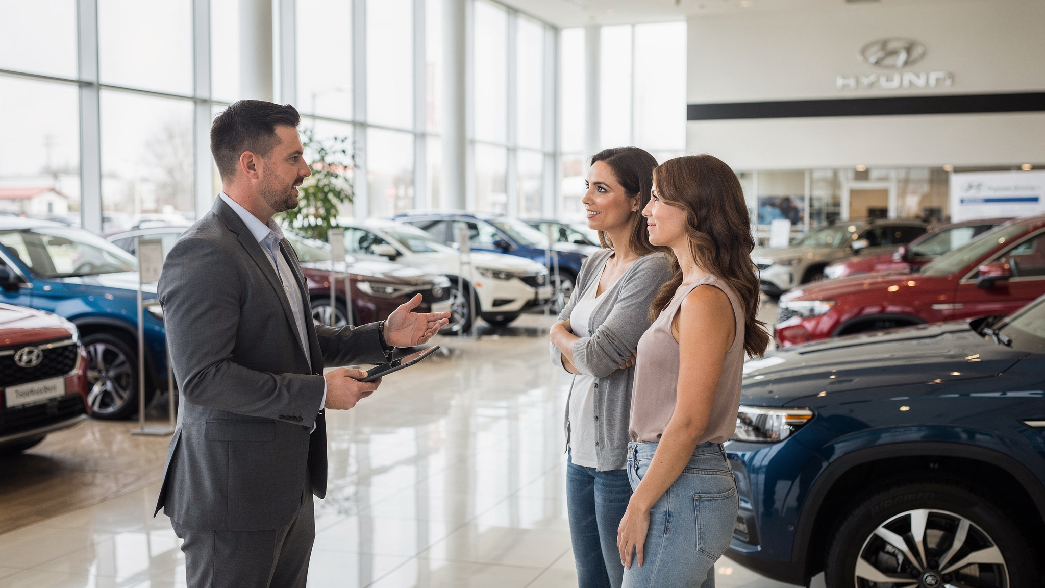 Dieses Bild visualisiert den persönlichen Beratungsprozess beim Fahrzeugkauf und vermittelt die Idee, dass Käufer umfassende Informationen und Unterstützung benötigen, um die richtige Entscheidung zu treffen.