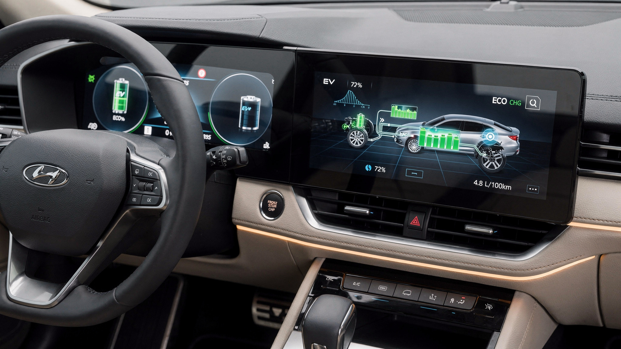 Das Bild zeigt die technologischen Innovationen, die in Hybridfahrzeugen integriert sind. Die Darstellung der Energieeffizienzmetriken unterstützt das technische Verständnis der Leser über Hybridantriebe.