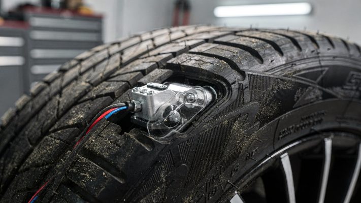Dieses Bild visualisiert die Technologie hinter Reifendruckkontrollsystemen und hebt die Sensoren hervor, die eine zentrale Rolle in der Funktionsweise des Systems spielen.