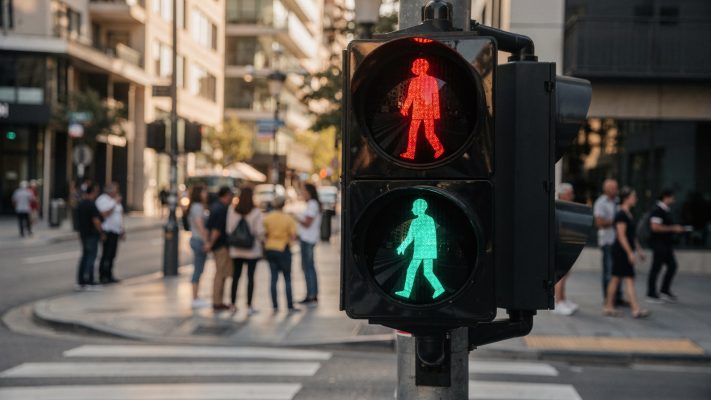 Dieses Bild verdeutlicht die infrastrukturellen Maßnahmen zur Förderung der Verkehrssicherheit, insbesondere die Bedeutung von Verkehrszeichen für Fußgänger.