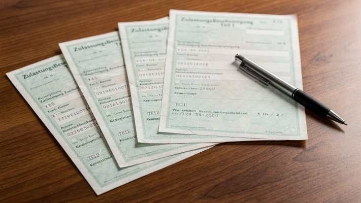 Dieses Bild zeigt die relevanten Dokumente zur Fahrzeugzulassung und vermittelt den administrativen Aspekt des Prozesses. Die Detailaufnahme legt den Fokus auf die Wichtigkeit der richtigen Unterlagen.