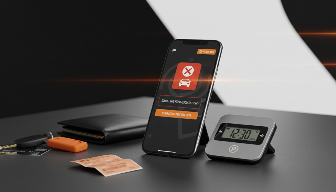 Elektronische Parkscheiben und eine Park-App auf dem Smartphone mit Fehlermeldung wegen falschem Kennzeichen&hellip;