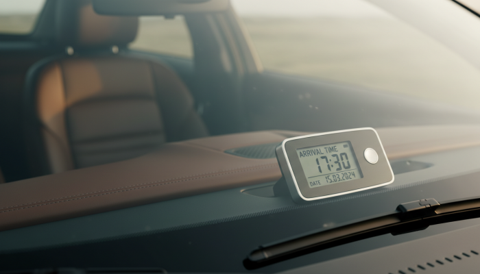 Dieses Bild vermittelt die emotionale Sicherheit und Präzision der elektronischen Parkscheibe, indem es den Fokus auf die klare Anzeige legt und die Verlässlichkeit des Geräts subtil visualisiert.