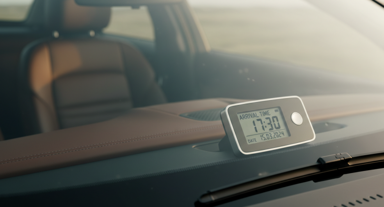 Dieses Bild vermittelt die emotionale Sicherheit und Präzision der elektronischen Parkscheibe, indem es den Fokus auf die klare Anzeige legt und die Verlässlichkeit des Geräts subtil visualisiert.