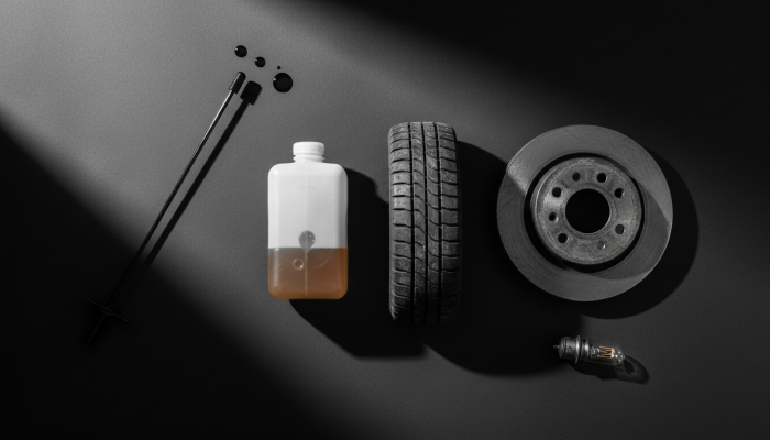 Diese abstrakte Zusammenstellung visualisiert die fünf Schlüsselinspektionspunkte der Fahrzeugwartung in einer kunstvollen und klaren Bildsprache, die den Leser neugierig macht und die Komplexität auf das Wesentliche reduziert.