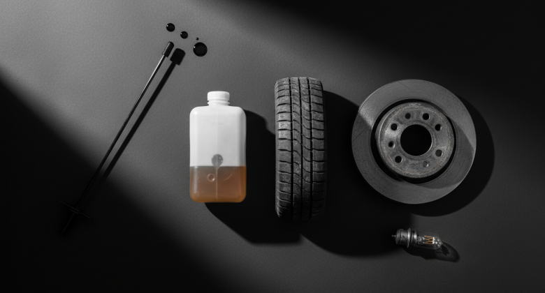 Diese abstrakte Zusammenstellung visualisiert die fünf Schlüsselinspektionspunkte der Fahrzeugwartung in einer kunstvollen und klaren Bildsprache, die den Leser neugierig macht und die Komplexität auf das Wesentliche reduziert.