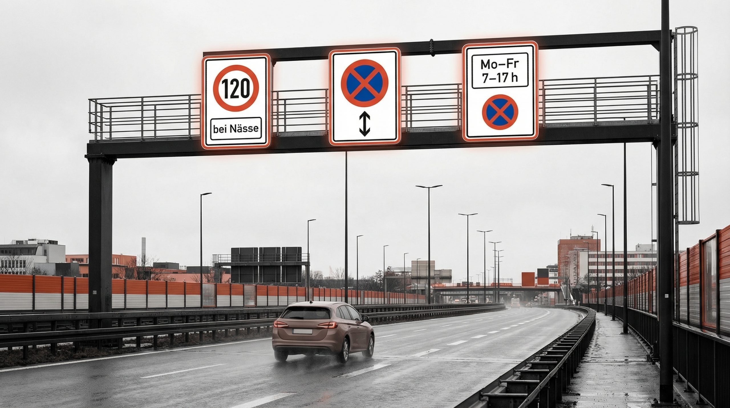 Ein Tempolimit mit dem Zusatz &bdquo;bei N&auml;sse&ldquo; gilt nicht bei trockener Fahrbahn. Ein Halteverbot mit Pfeilen markiert Anfang,&hellip;