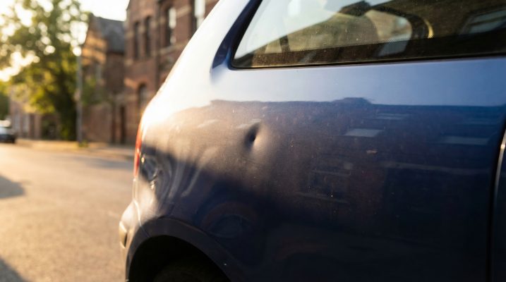 Diese Bildkomposition hebt die subtile Erscheinung einer Delle hervor und unterstreicht die Wichtigkeit der genauen Betrachtung, um den besten Reparaturansatz zu wählen. Die sanfte Beleuchtung vermittelt einen ruhigen und analytischen Moment.