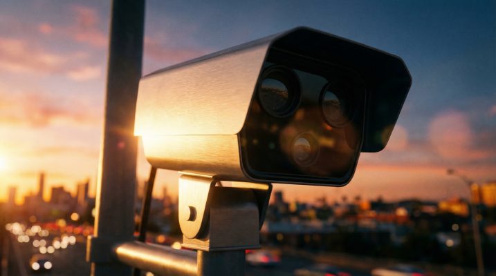 Dieses Bild vermittelt die zunehmende Überwachung und Kontrolle im Straßenverkehr, die im Jahr 2026 erwartet wird, und erzeugt eine Stimmung der Achtsamkeit und technologischen Präzision.