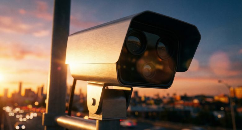 Dieses Bild vermittelt die zunehmende Überwachung und Kontrolle im Straßenverkehr, die im Jahr 2026 erwartet wird, und erzeugt eine Stimmung der Achtsamkeit und technologischen Präzision.