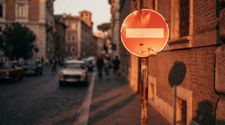 Dieses Bild nutzt das dramatische Licht, um die Bedeutung und Präsenz von Verkehrszeichen im Alltag zu unterstreichen.