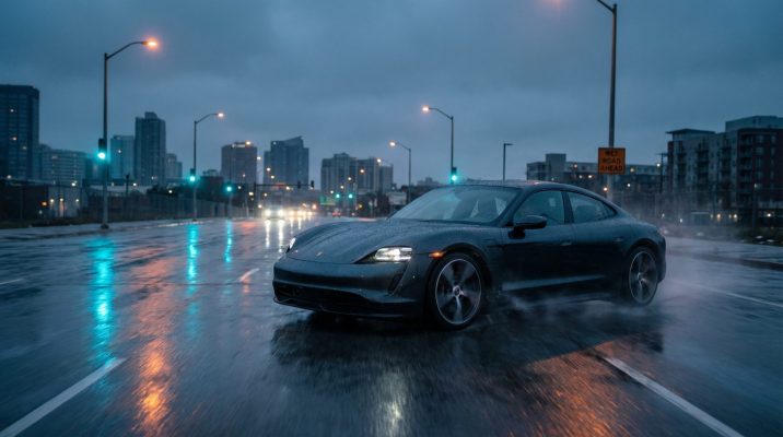 Diese Szene fängt die kritische Situation ein, in der ABS seine Wirkung entfaltet – kontrolliertes Bremsen in unsicheren Bedingungen mit Fokus auf Sicherheit und Ruhe.