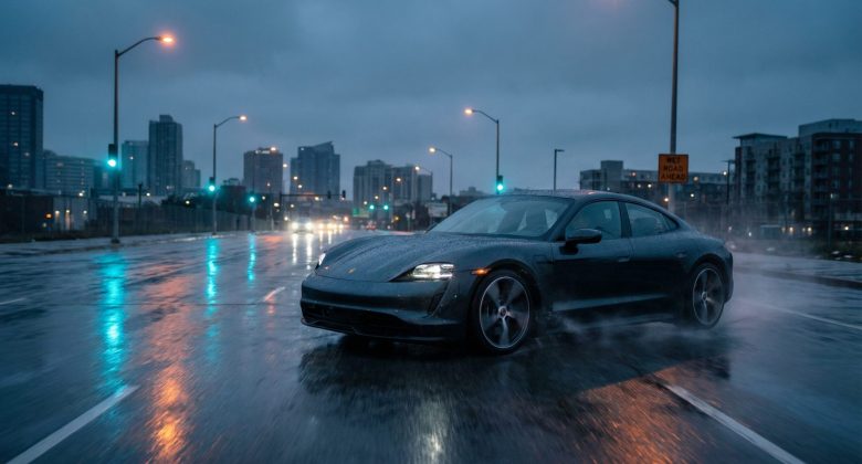 Diese Szene fängt die kritische Situation ein, in der ABS seine Wirkung entfaltet – kontrolliertes Bremsen in unsicheren Bedingungen mit Fokus auf Sicherheit und Ruhe.