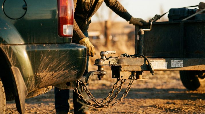 Diese Nahaufnahme vermittelt das Gefühl von Präzision und technischer Verantwortung, das für sicheres Anhängerfahren unabdingbar ist – sie zieht den Betrachter in die stille Bedeutung der Vorbereitung hinein.