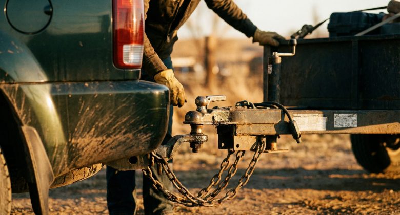 Diese Nahaufnahme vermittelt das Gefühl von Präzision und technischer Verantwortung, das für sicheres Anhängerfahren unabdingbar ist – sie zieht den Betrachter in die stille Bedeutung der Vorbereitung hinein.