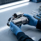 Diese Detailaufnahme zeigt technische Präzision und Kompetenz bei der Diagnose des Anlassers und vermittelt Vertrauen und Ruhe, während sie den Leser unmittelbar in den Prüfprozess eintauchen lässt.