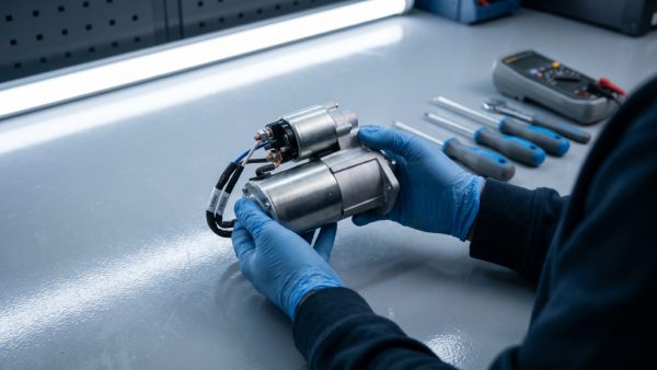 Diese Detailaufnahme zeigt technische Präzision und Kompetenz bei der Diagnose des Anlassers und vermittelt Vertrauen und Ruhe, während sie den Leser unmittelbar in den Prüfprozess eintauchen lässt.