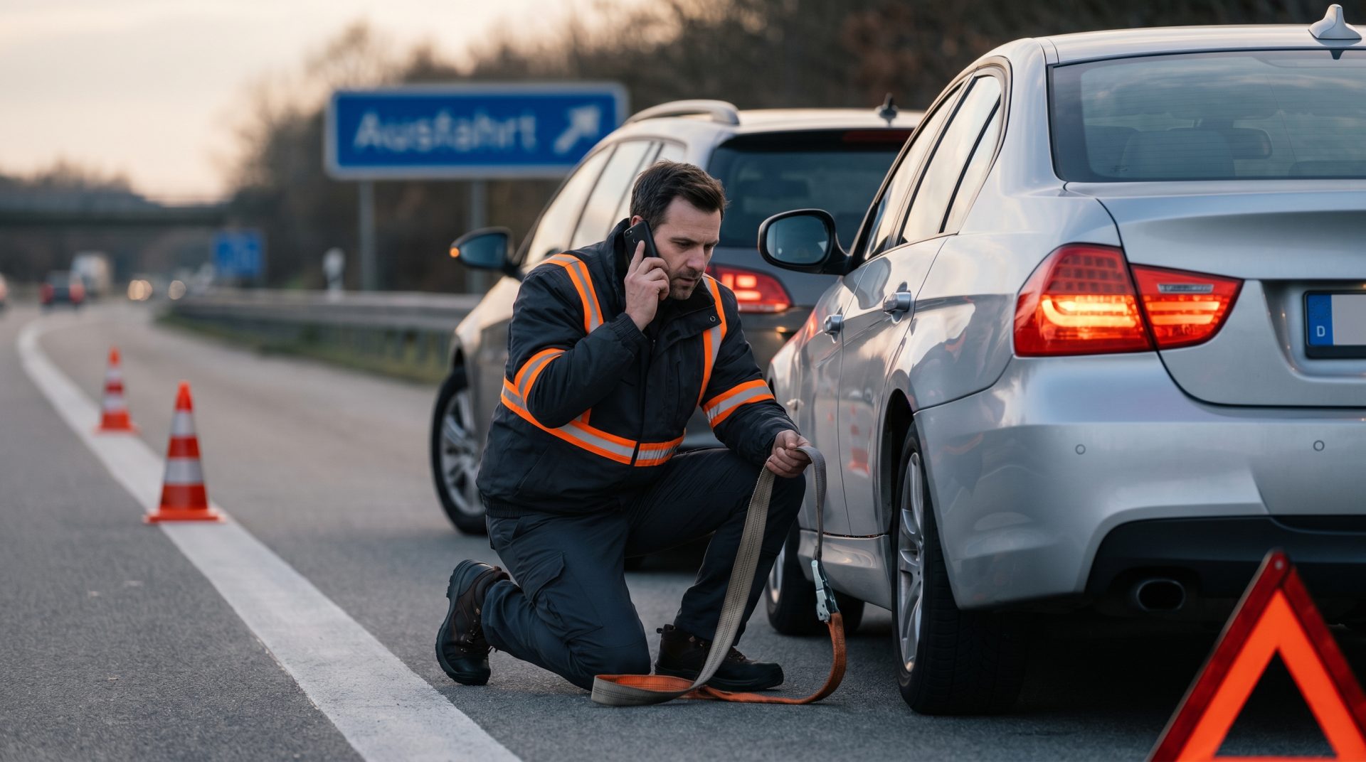 Ein Mann in Warnweste bereitet das Auto f&uuml;r das Abschleppen vor, indem er eine Abschlepp&ouml;se anbringt, w&auml;hrend er&hellip;