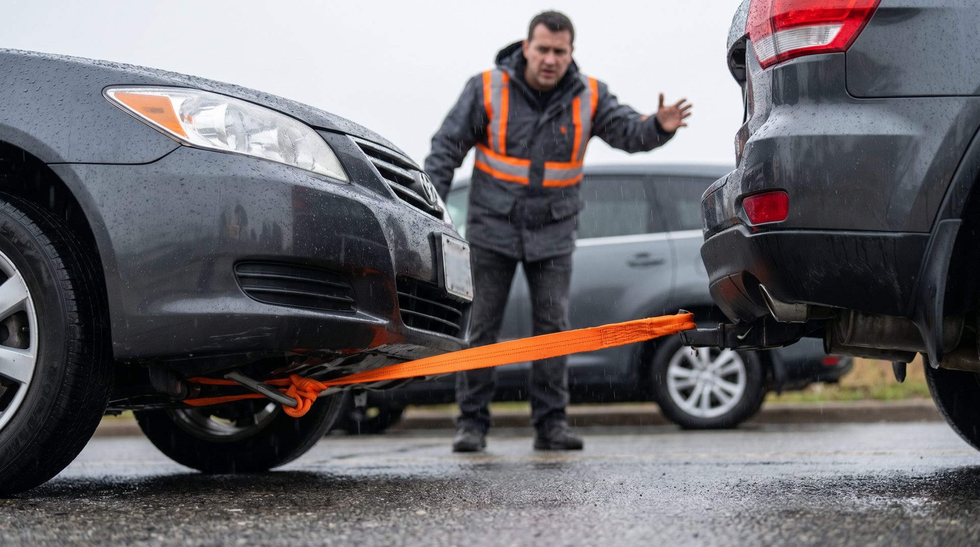 Zwei Fahrzeuge sind mit einem orangen Abschleppseil verbunden, das zwischen den Abschlepp&ouml;sen gespannt ist. Beim Auto&hellip;