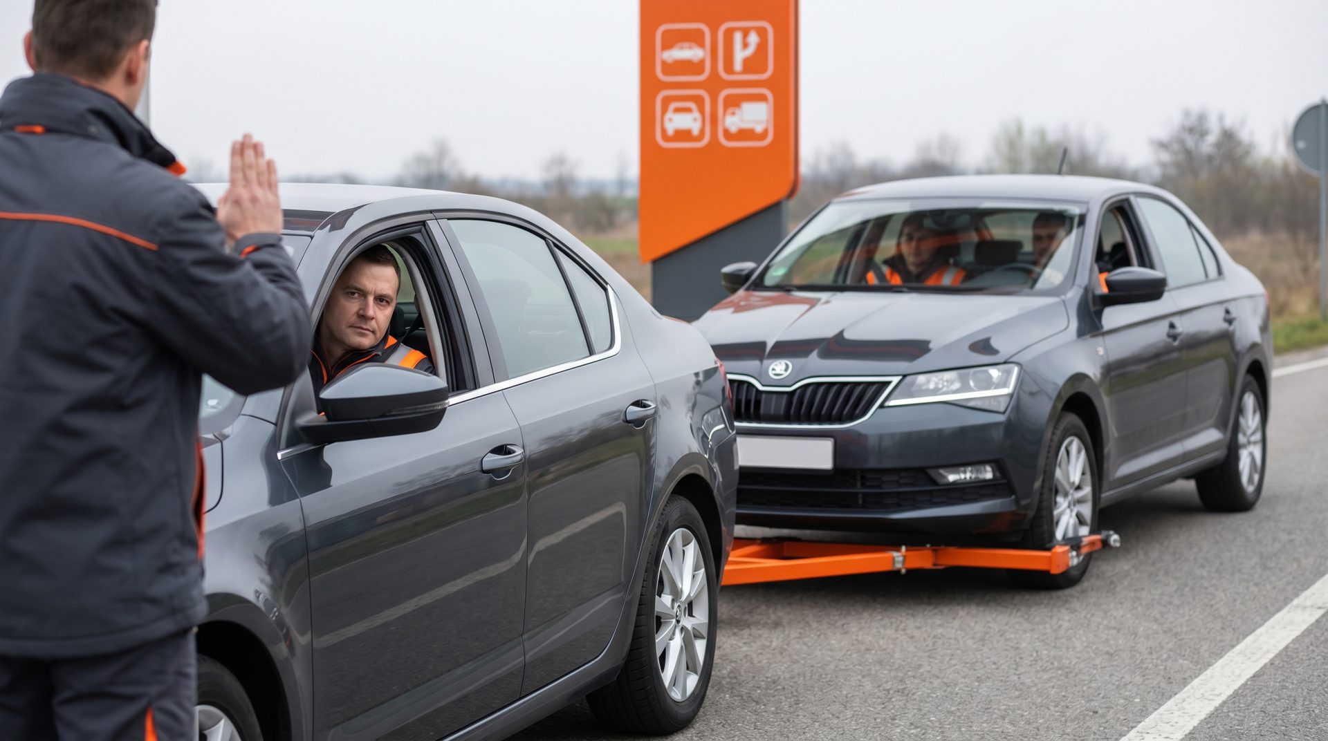 Zwei Personen koordinieren das Auto abschleppen: Ein Fahrzeug zieht ein zweites mit Abschleppstange, w&auml;hrend Fahrer durch&hellip;