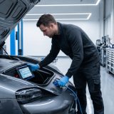 Dieses Bild zeigt die Sicherheit und Kompetenz, die moderne Techniker heute beim Umgang mit Autobatterien vermitteln, und verbindet den Artikelinhalt mit einem Moment konzentrierter Problemlösung im aktuellen technischen Umfeld.