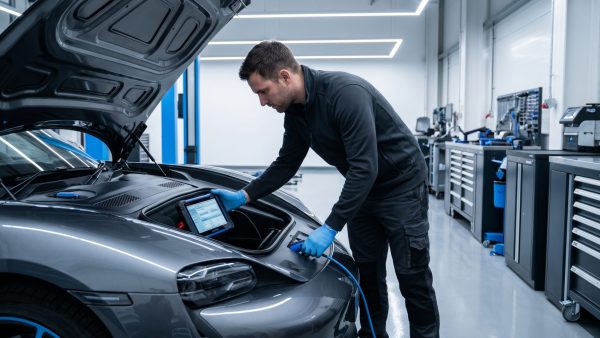 Dieses Bild zeigt die Sicherheit und Kompetenz, die moderne Techniker heute beim Umgang mit Autobatterien vermitteln, und verbindet den Artikelinhalt mit einem Moment konzentrierter Problemlösung im aktuellen technischen Umfeld.