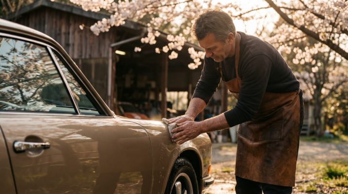 Diese Szene zeigt die menschliche Sorgfalt hinter der Autopflege und vermittelt Vertrauen und Respekt für das Handwerk, was den Artikel emotional aufwertet und Nähe schafft.